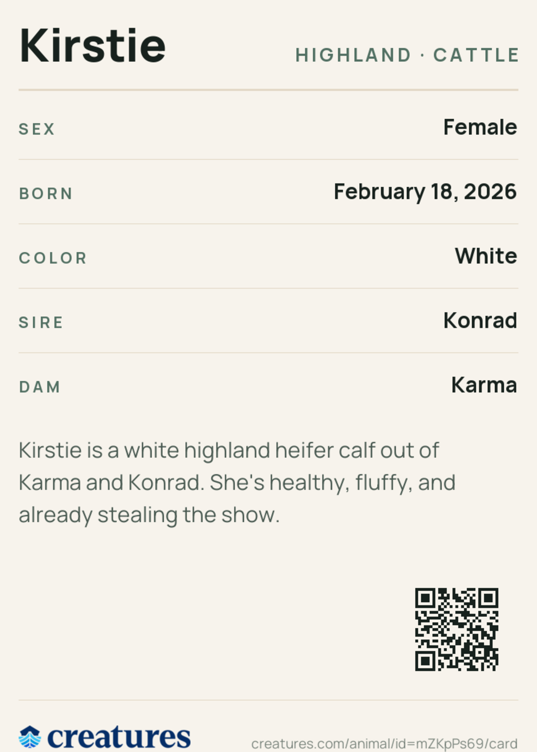 Kirstie Creature Card back