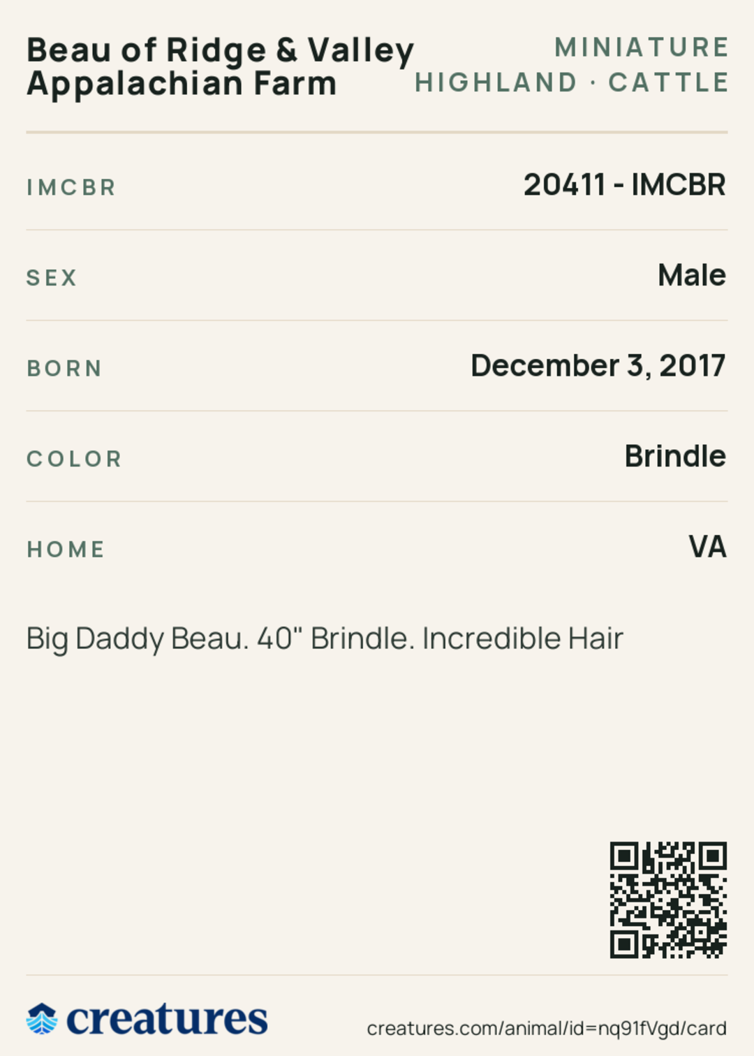 Beau of Ridge & Valley Appalachian Farm Creature Card back