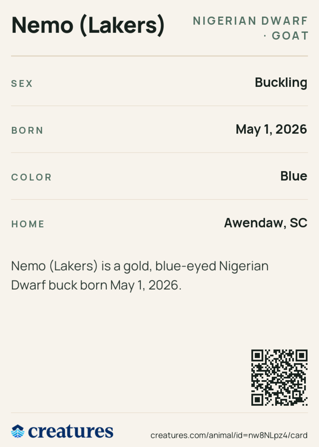 Nemo (Lakers) Creature Card back