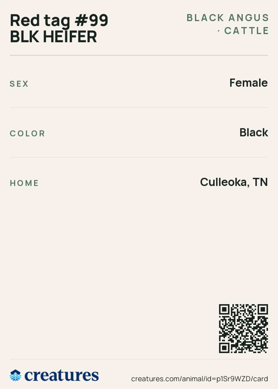 Red tag #99 BLK HEIFER Creature Card back