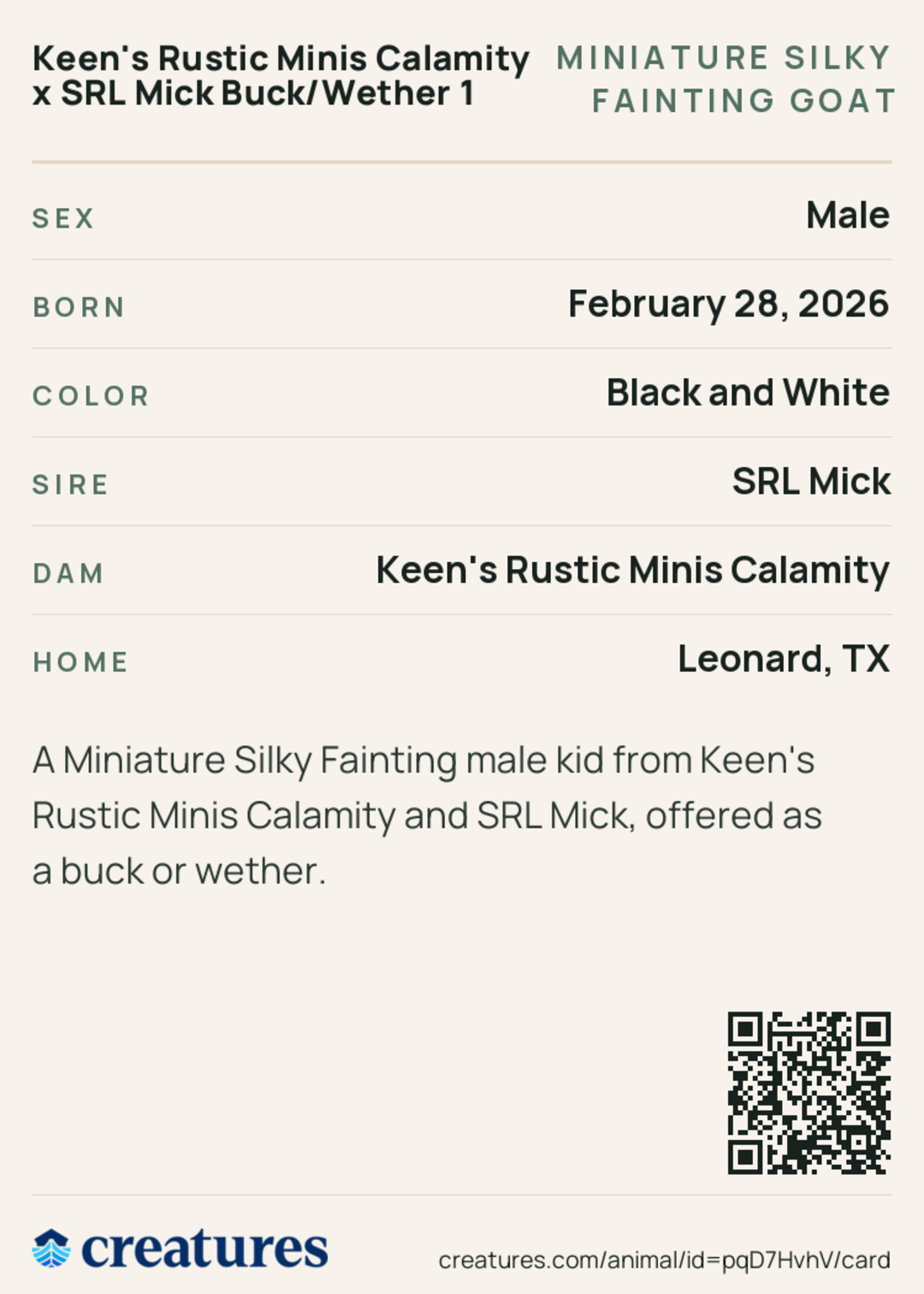 Keen's Rustic Minis Calamity x SRL Mick Buck/Wether 1 Creature Card back