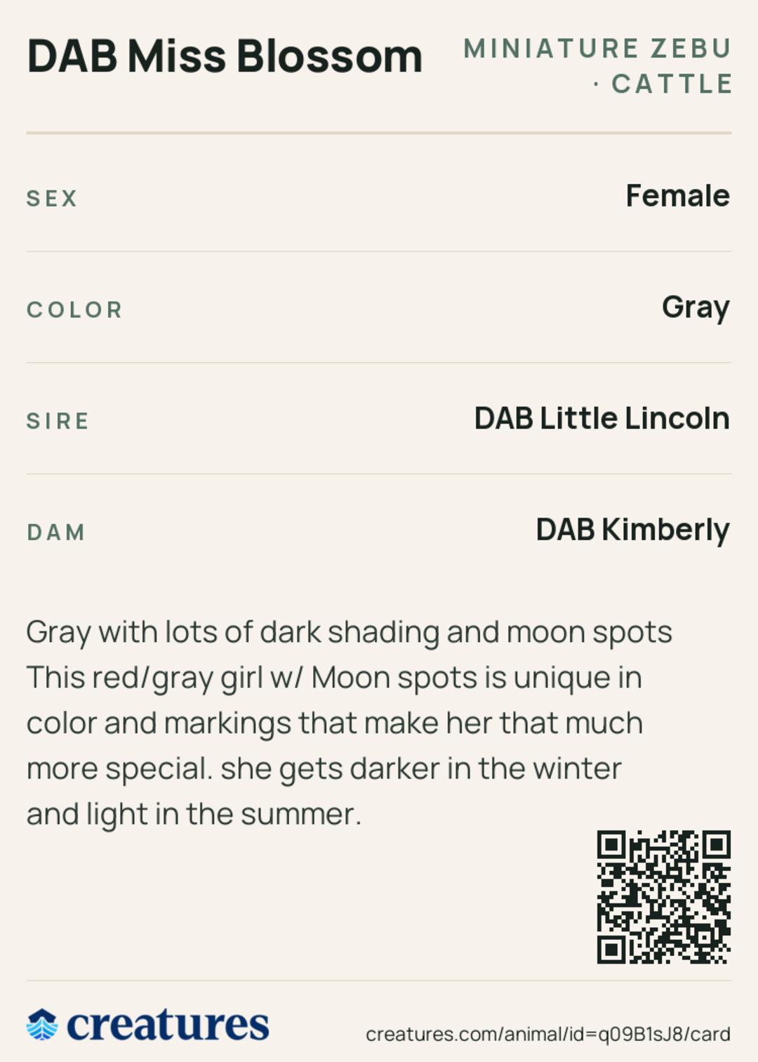 DAB Miss Blossom Creature Card back