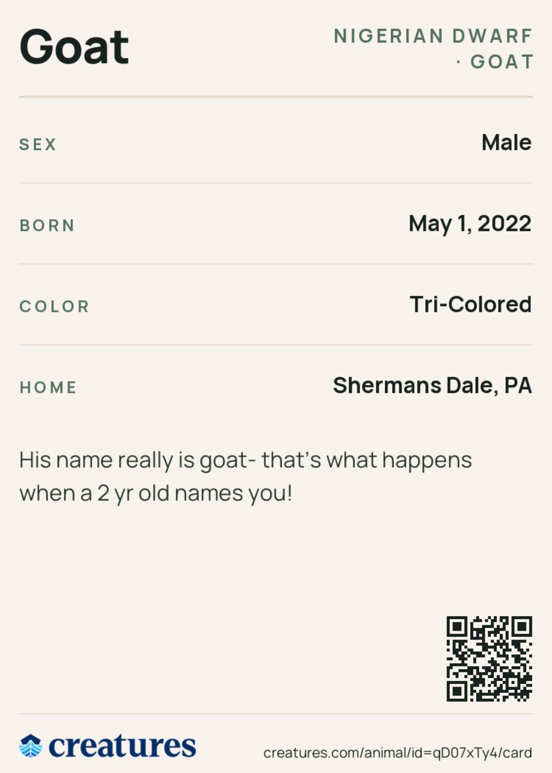 Goat Creature Card back