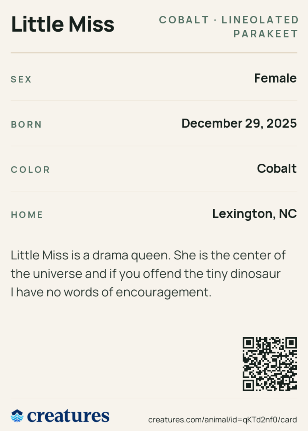 Little Miss Creature Card back