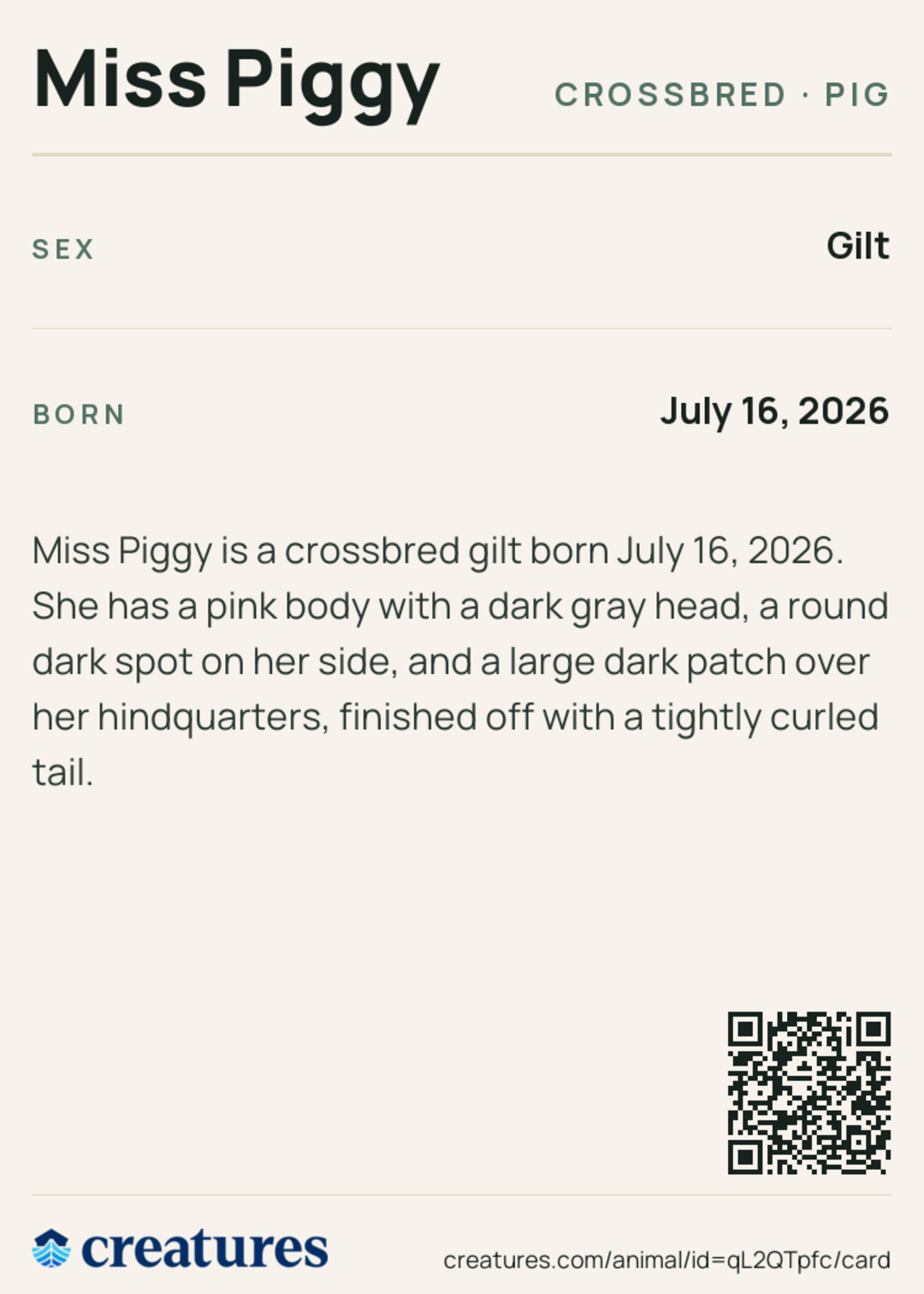 Miss Piggy Creature Card back