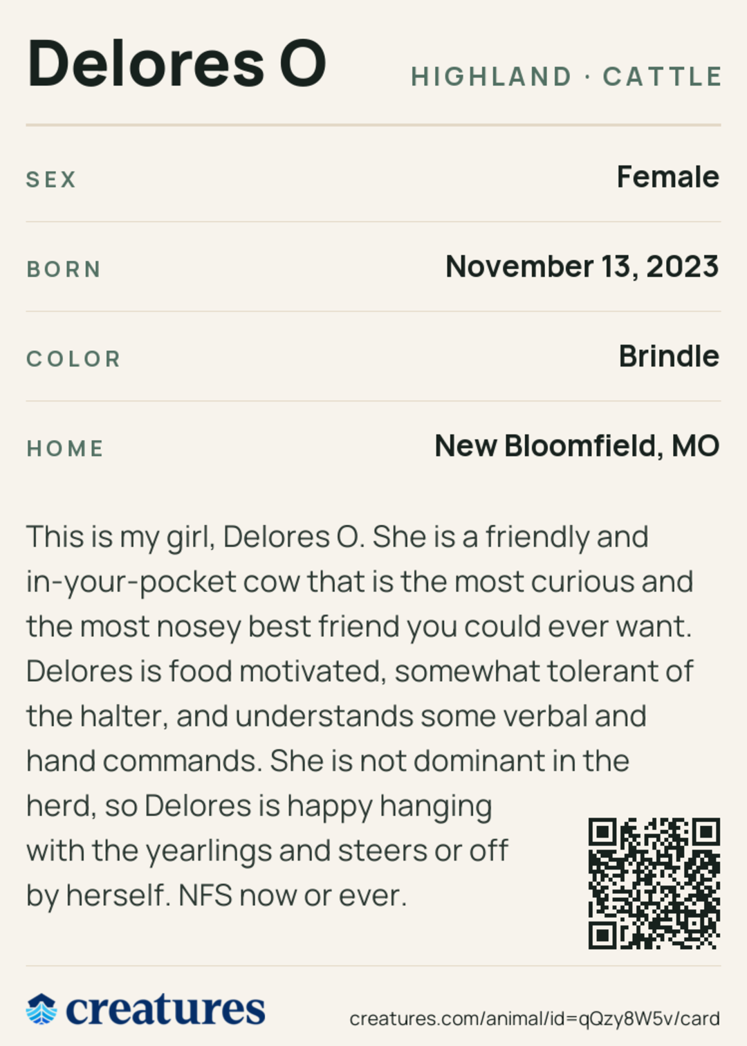 Delores O Creature Card back
