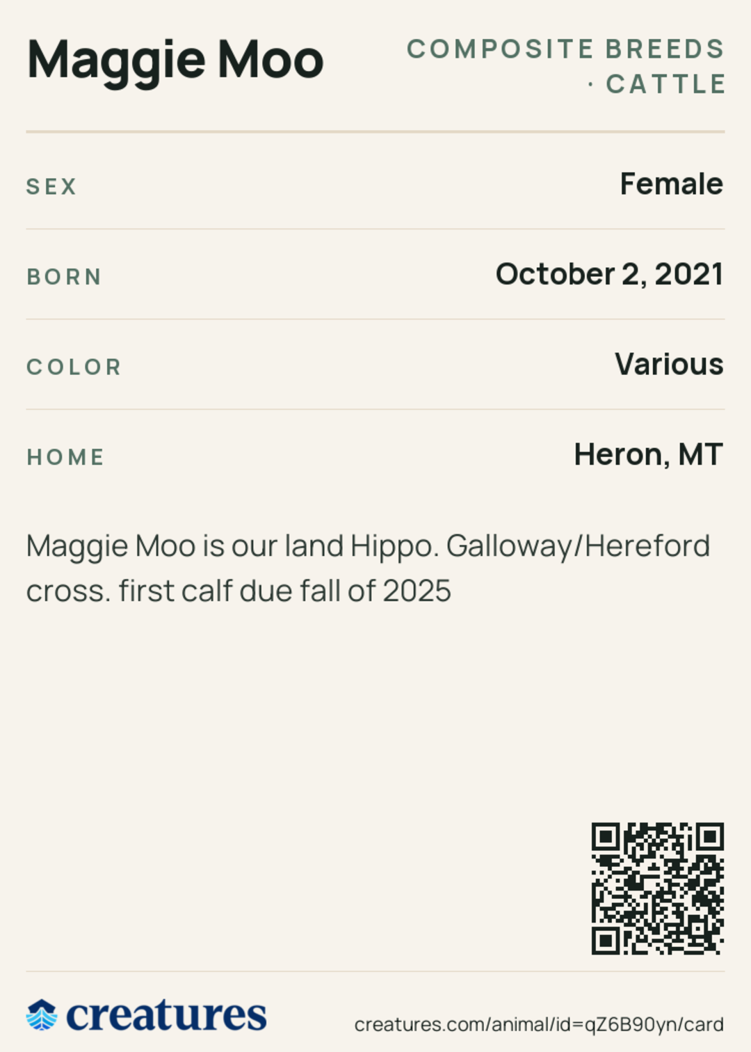 Maggie Moo Creature Card back