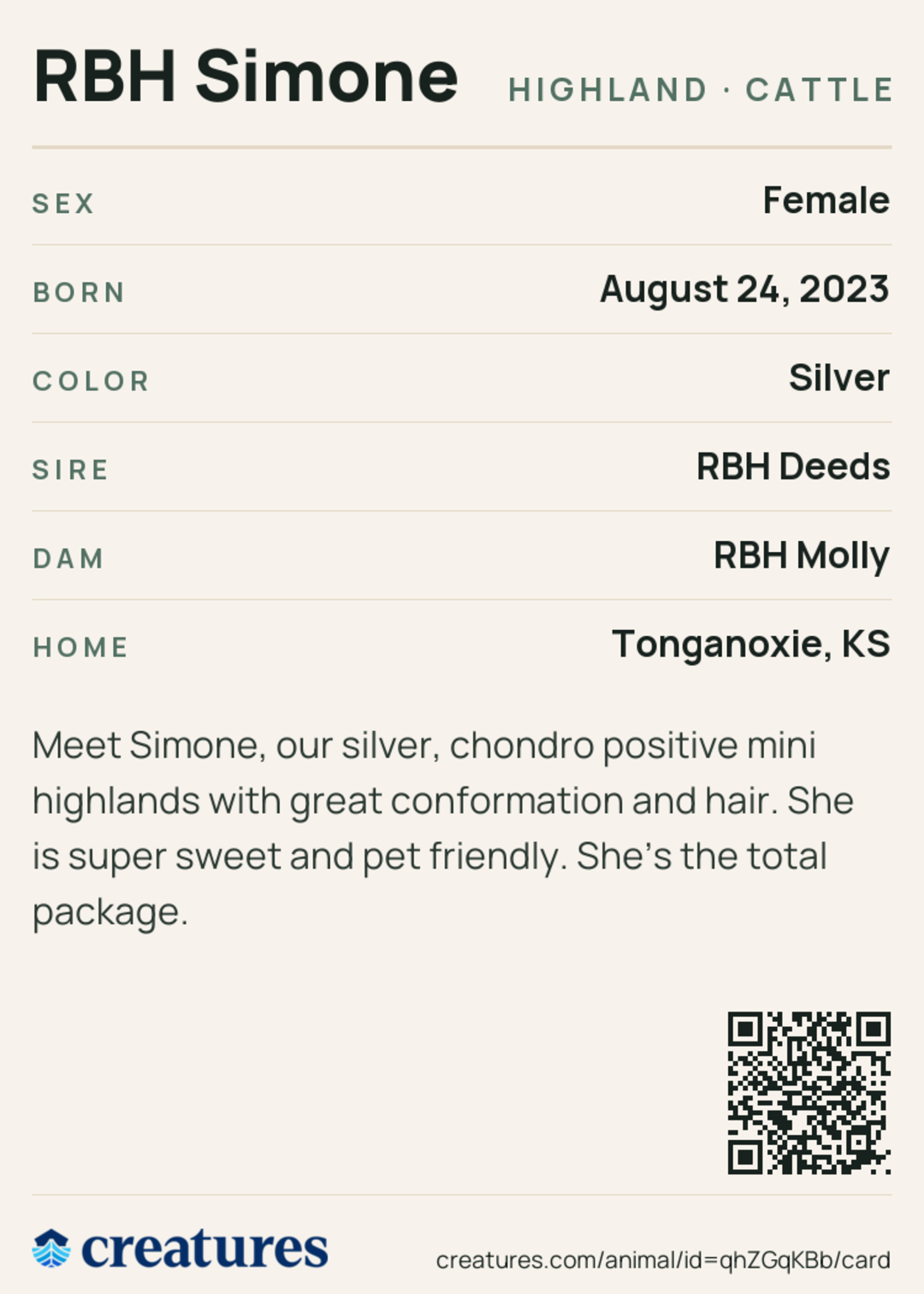 RBH Simone Creature Card back