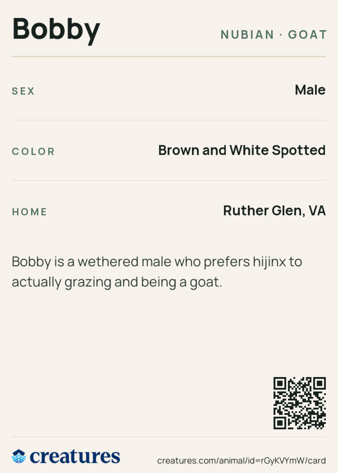 Bobby Creature Card back