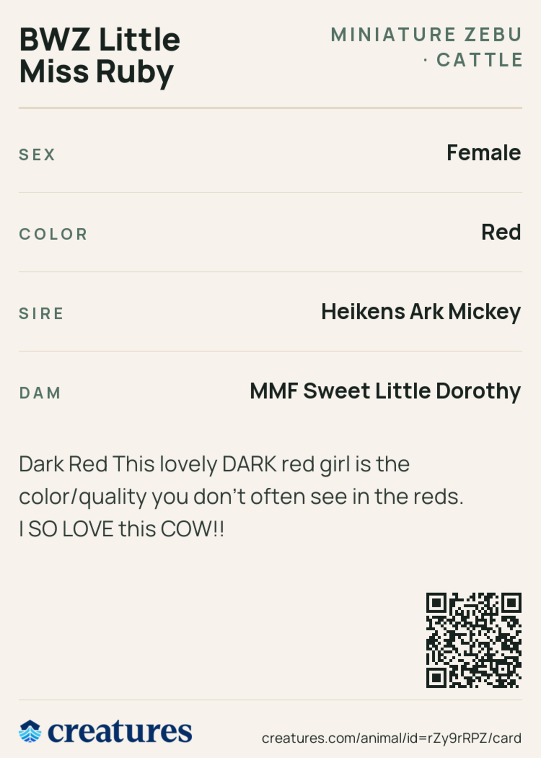 BWZ Little Miss Ruby Creature Card back