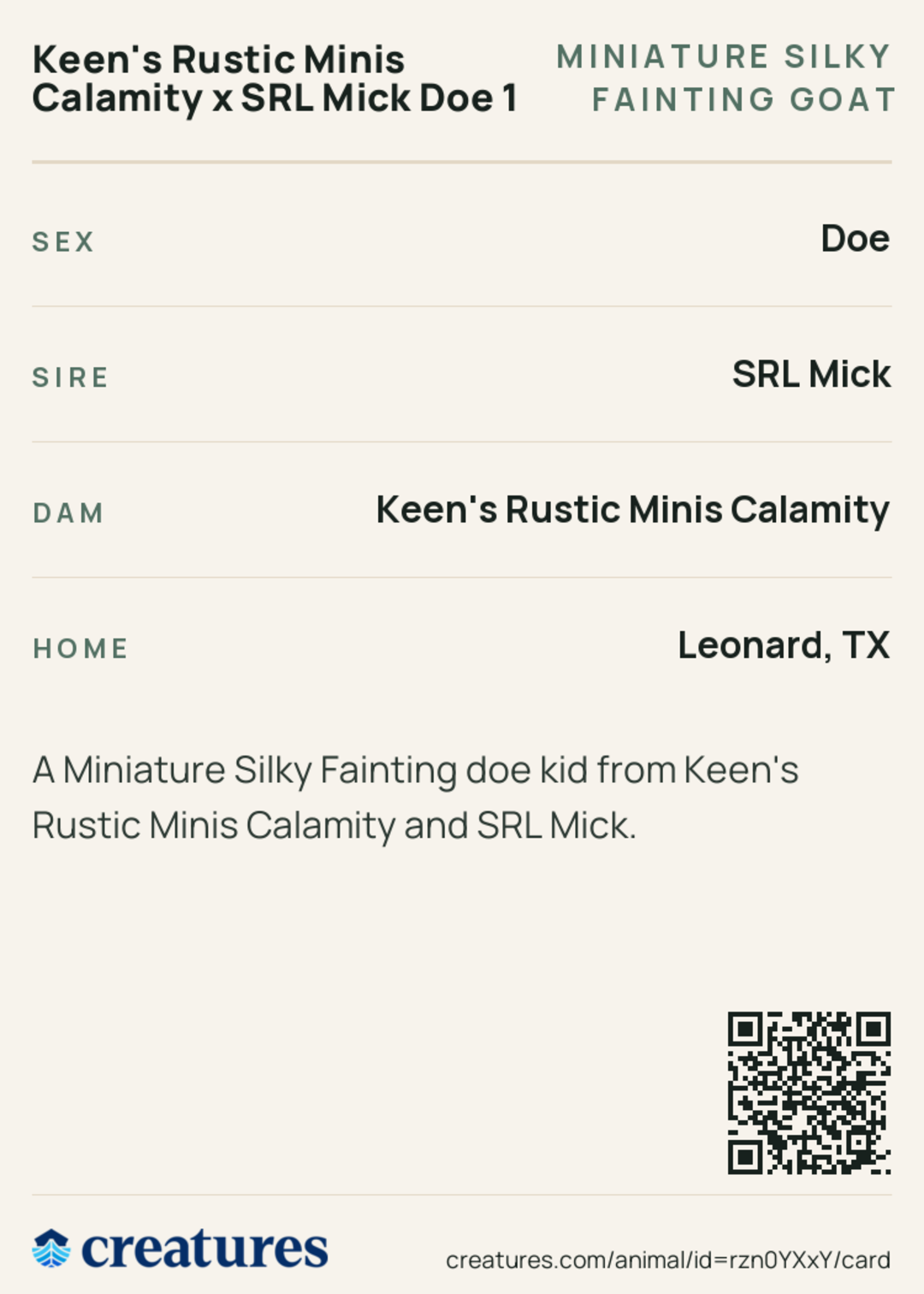 Keen's Rustic Minis Calamity x SRL Mick Doe 1 Creature Card back