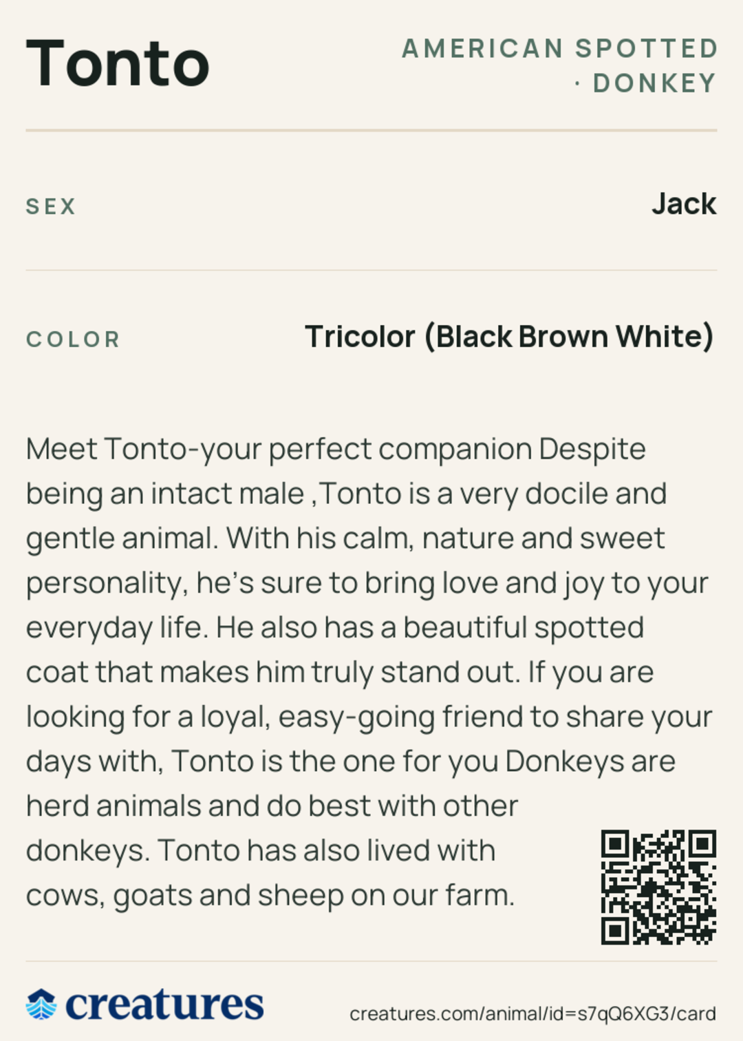 Tonto Creature Card back