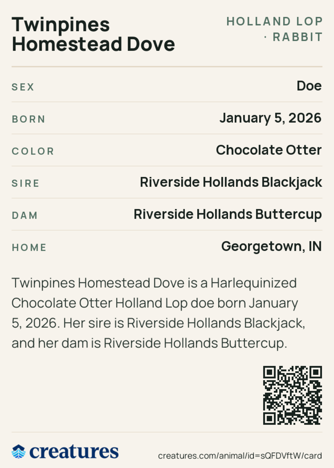 Twinpines Homestead Dove Creature Card back