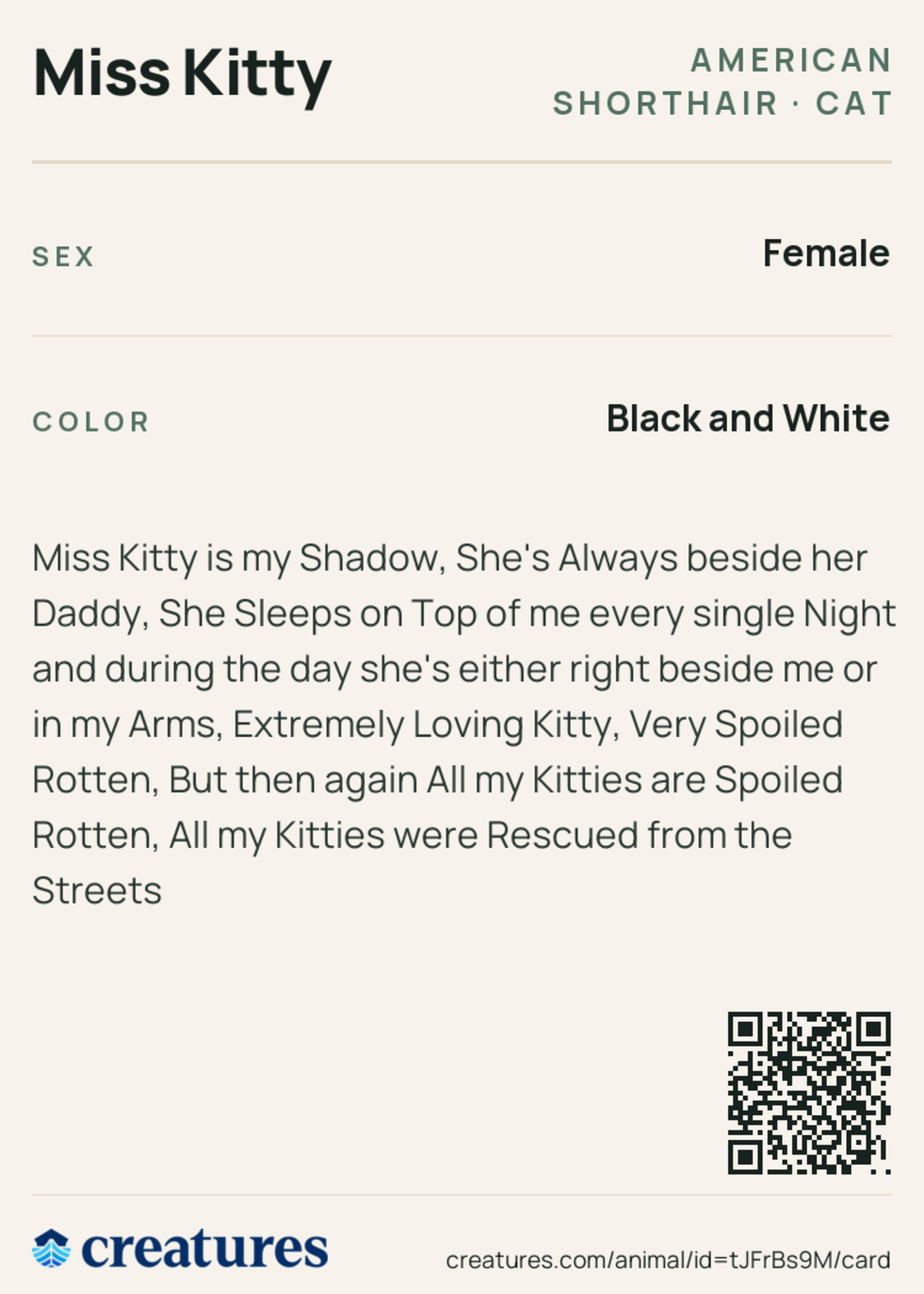 Miss Kitty Creature Card back