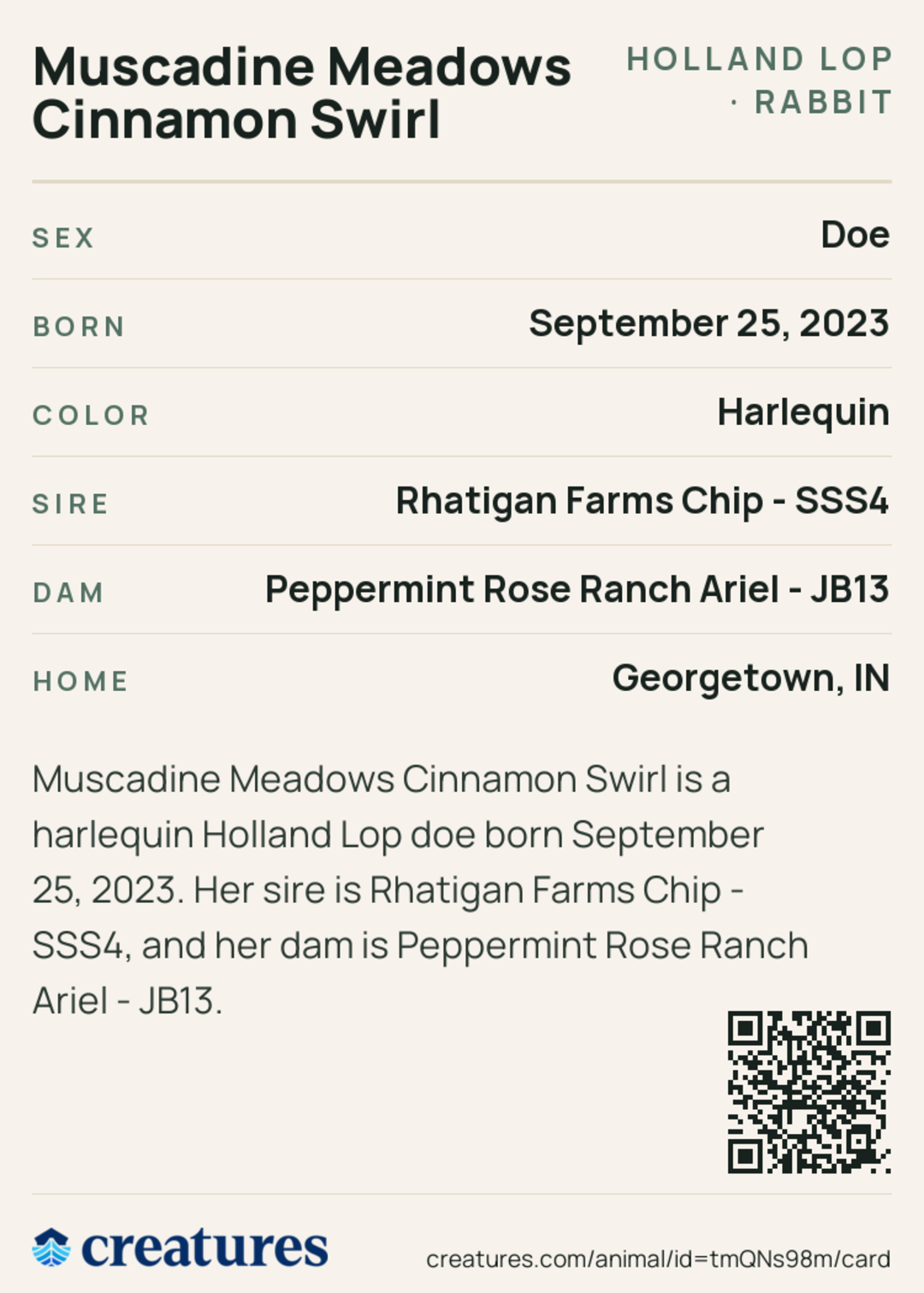 Muscadine Meadows Cinnamon Swirl Creature Card back