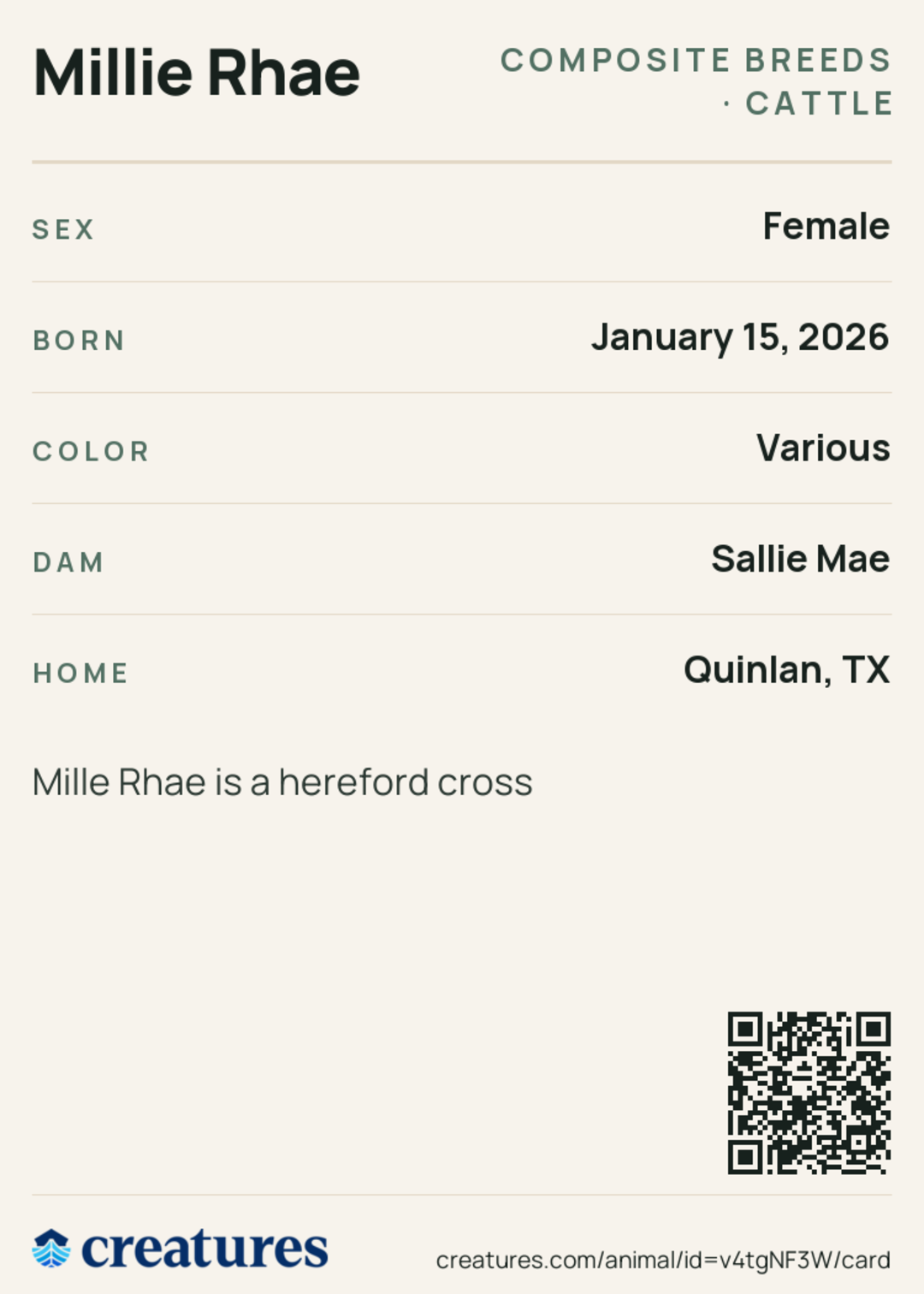 Millie Rhae Creature Card back