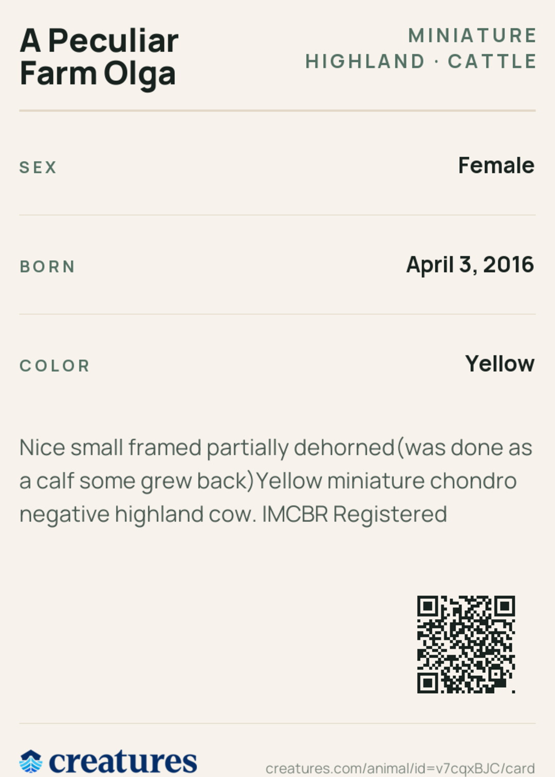 A Peculiar Farm Olga Creature Card back