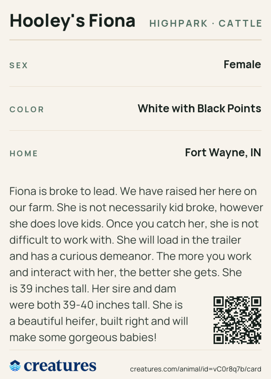 Hooley's Fiona Creature Card back