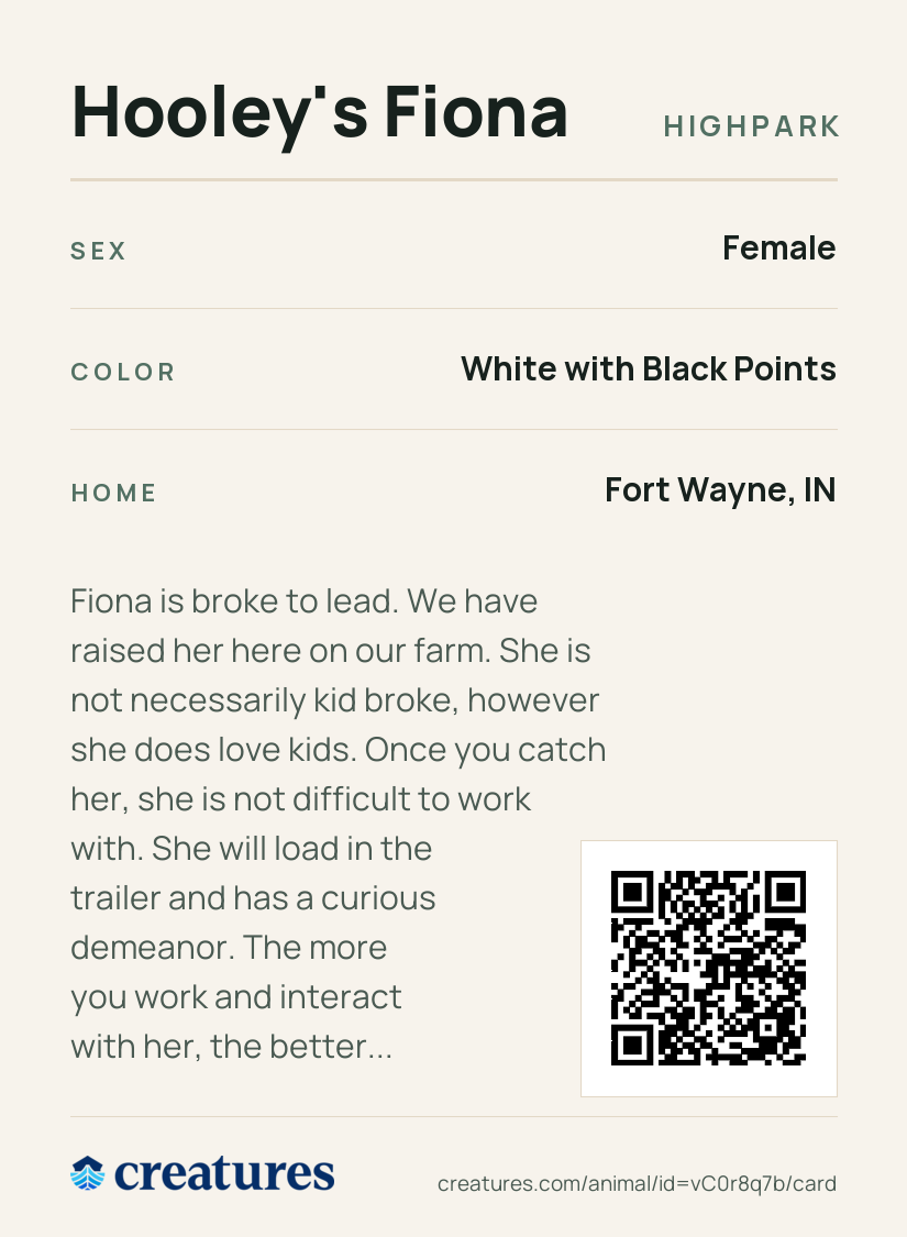 Hooley's Fiona Creature Card back