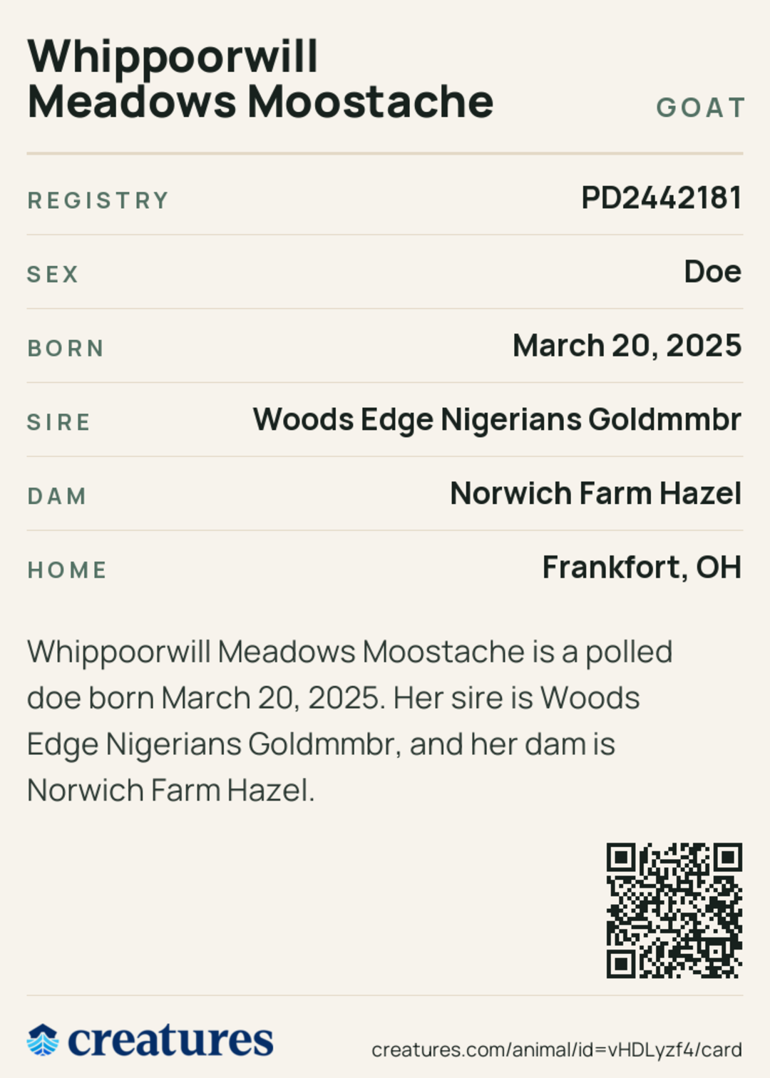 Whippoorwill Meadows Moostache Creature Card back