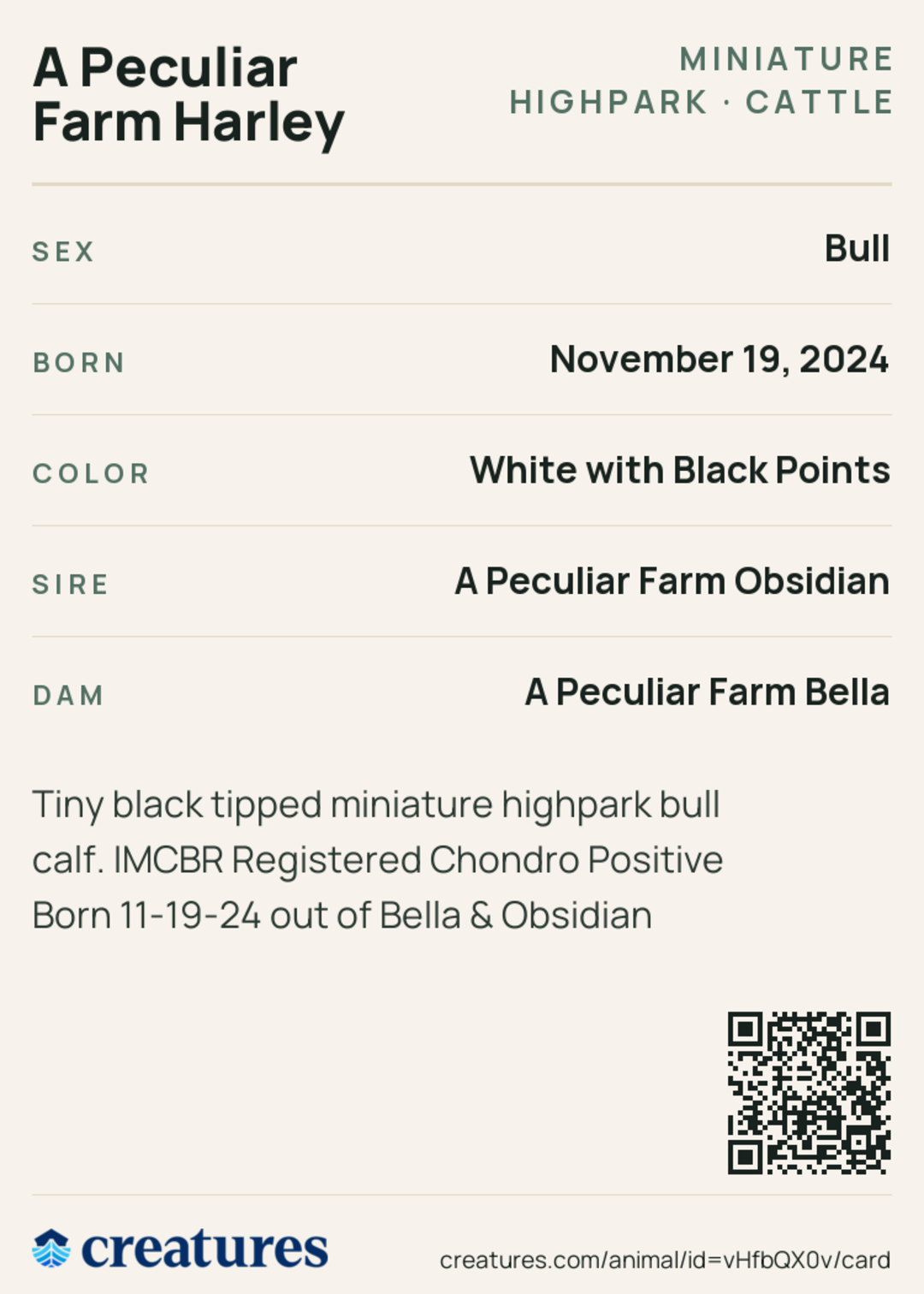 A Peculiar Farm Harley Creature Card back