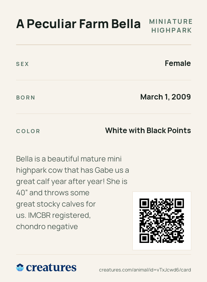A Peculiar Farm Bella Creature Card back
