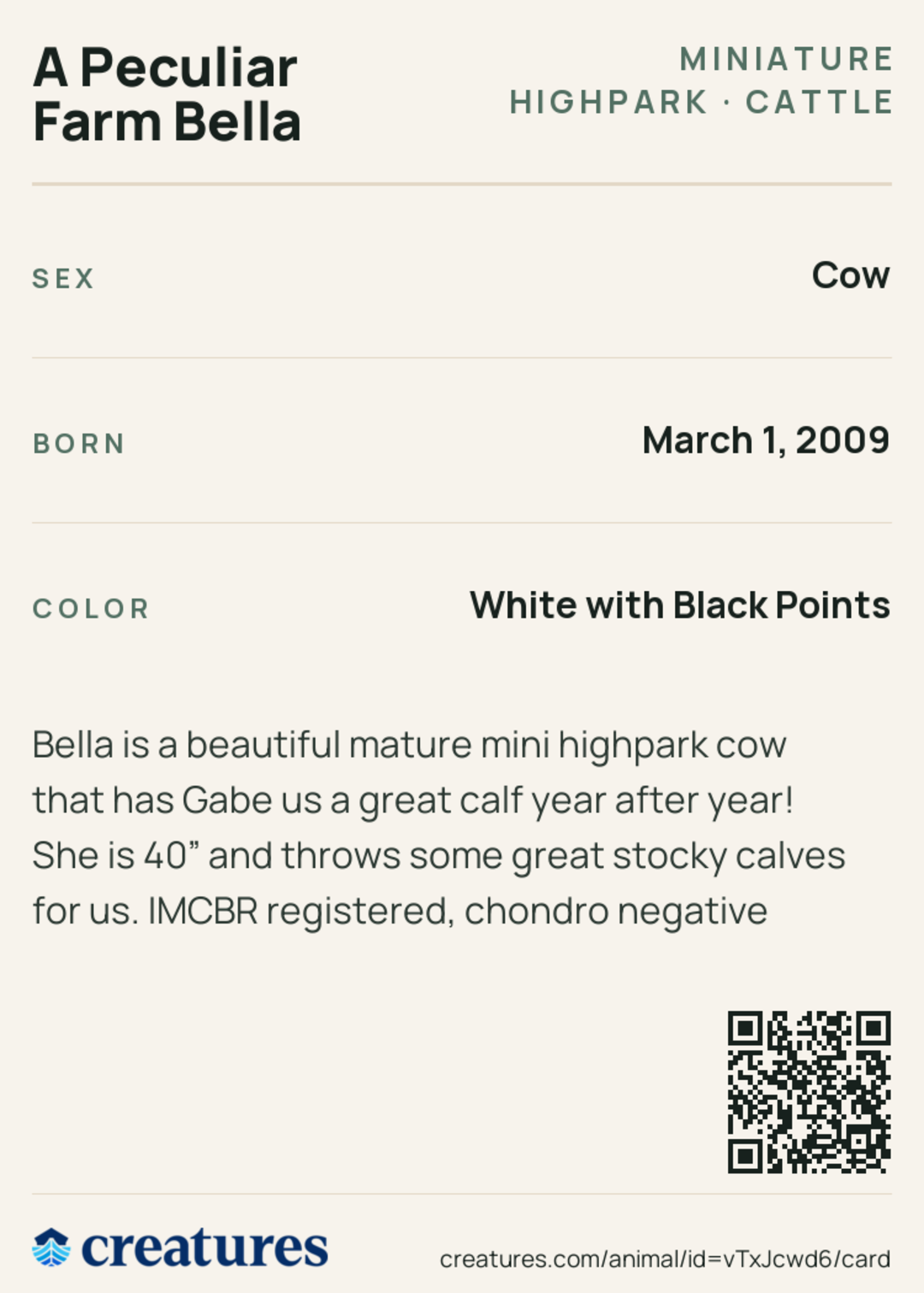 A Peculiar Farm Bella Creature Card back