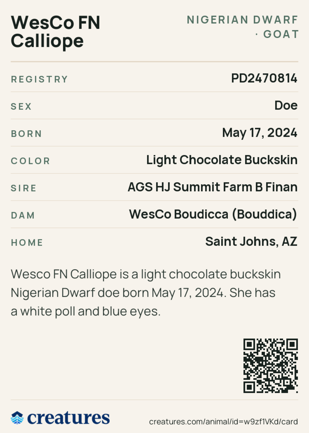 WesCo FN Calliope Creature Card back