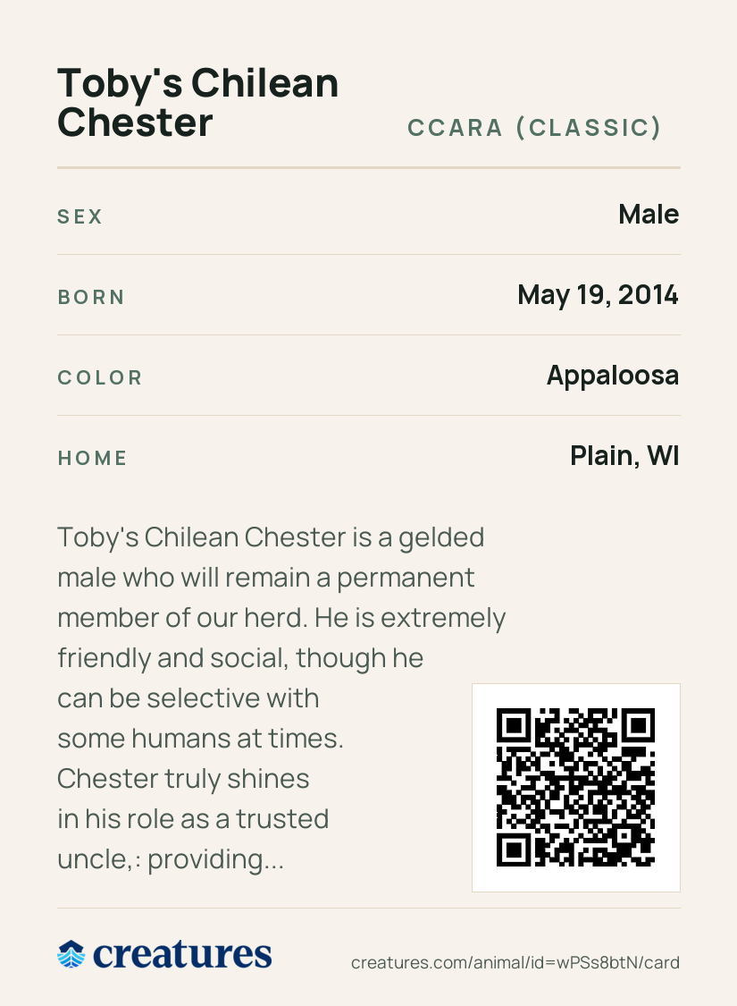 Toby's Chilean Chester Creature Card back