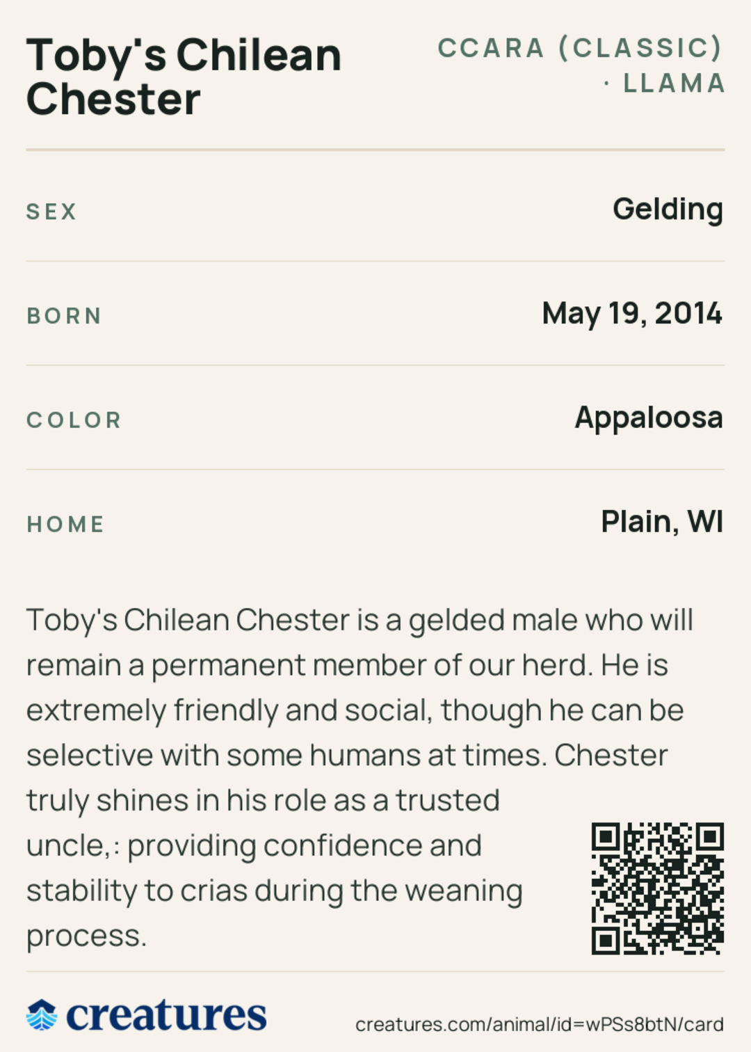 Toby's Chilean Chester Creature Card back