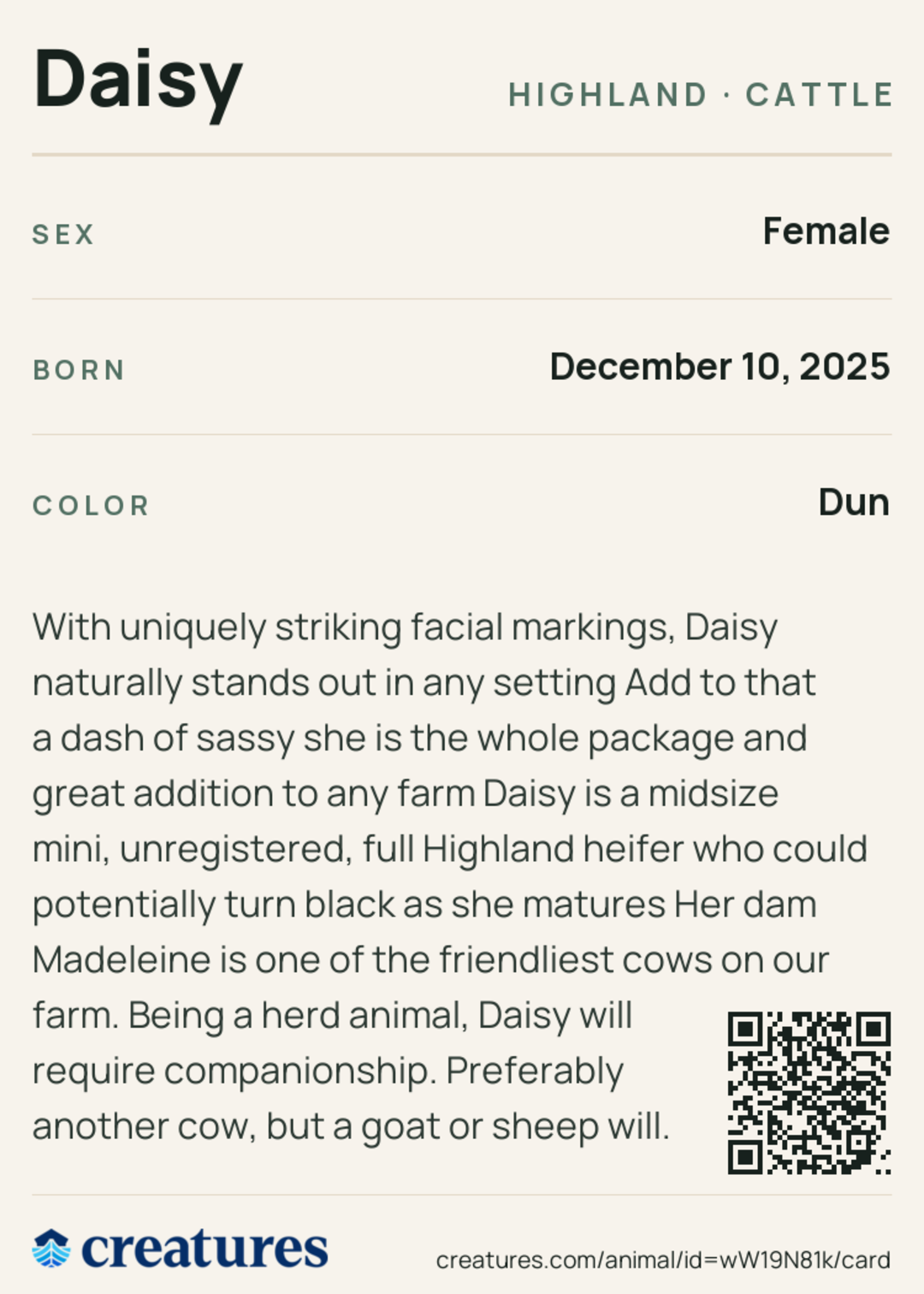 Daisy Creature Card back
