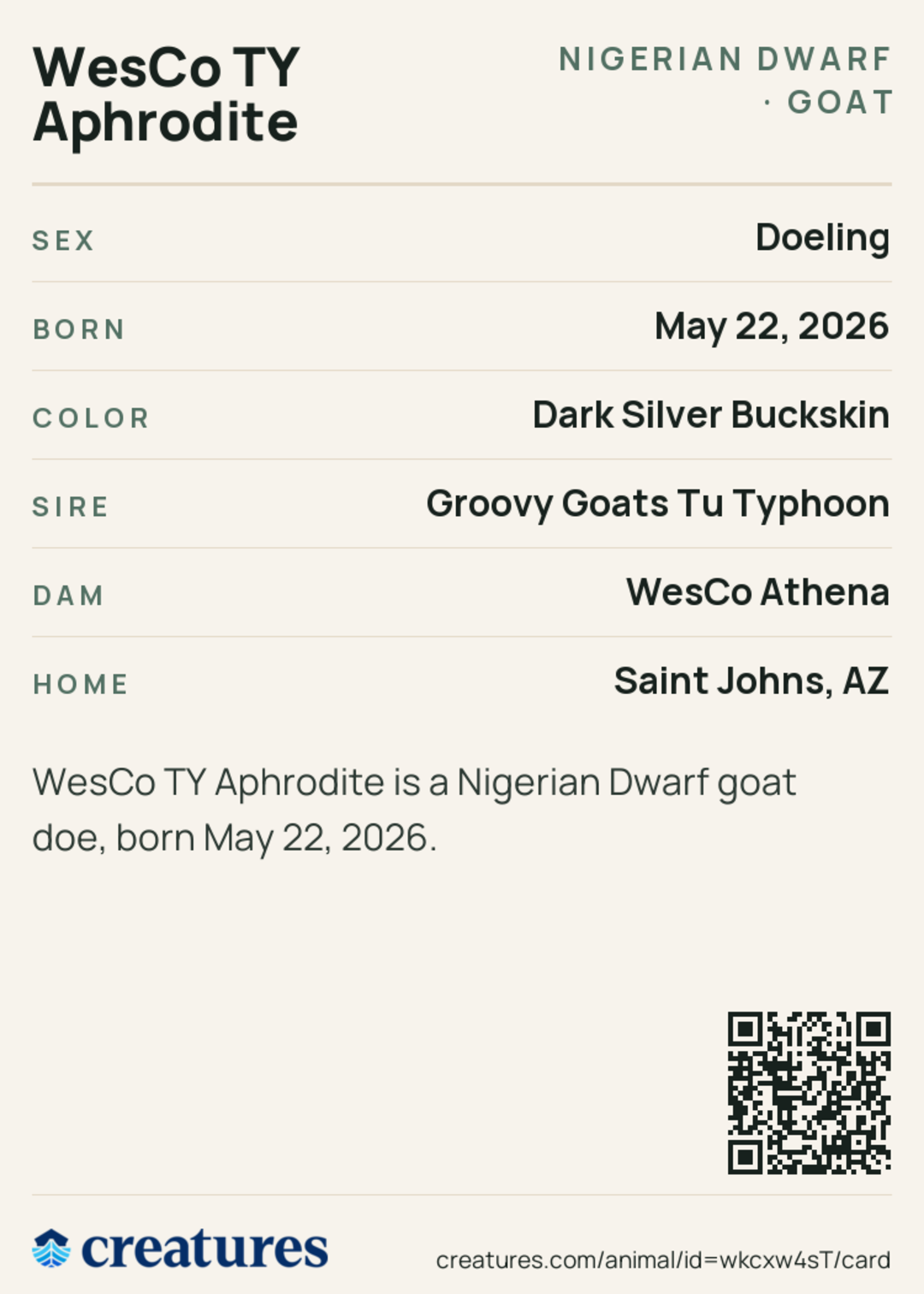 WesCo TY Aphrodite Creature Card back
