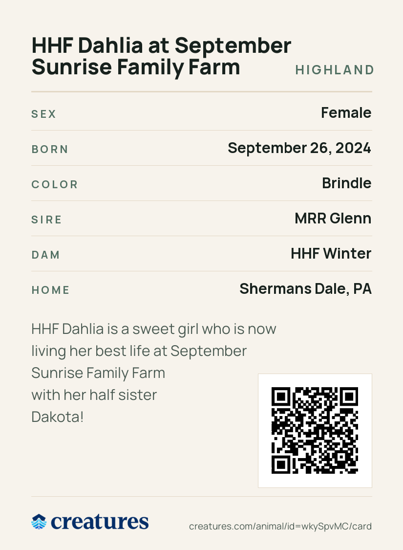 HHF Dahlia at September Sunrise Family Farm Creature Card back