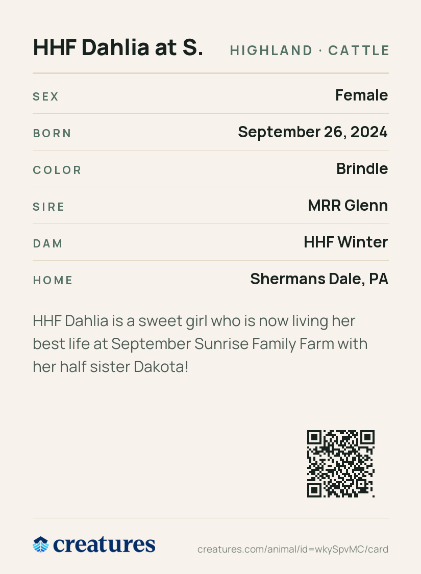 HHF Dahlia at September Sunrise Family Farm Creature Card back