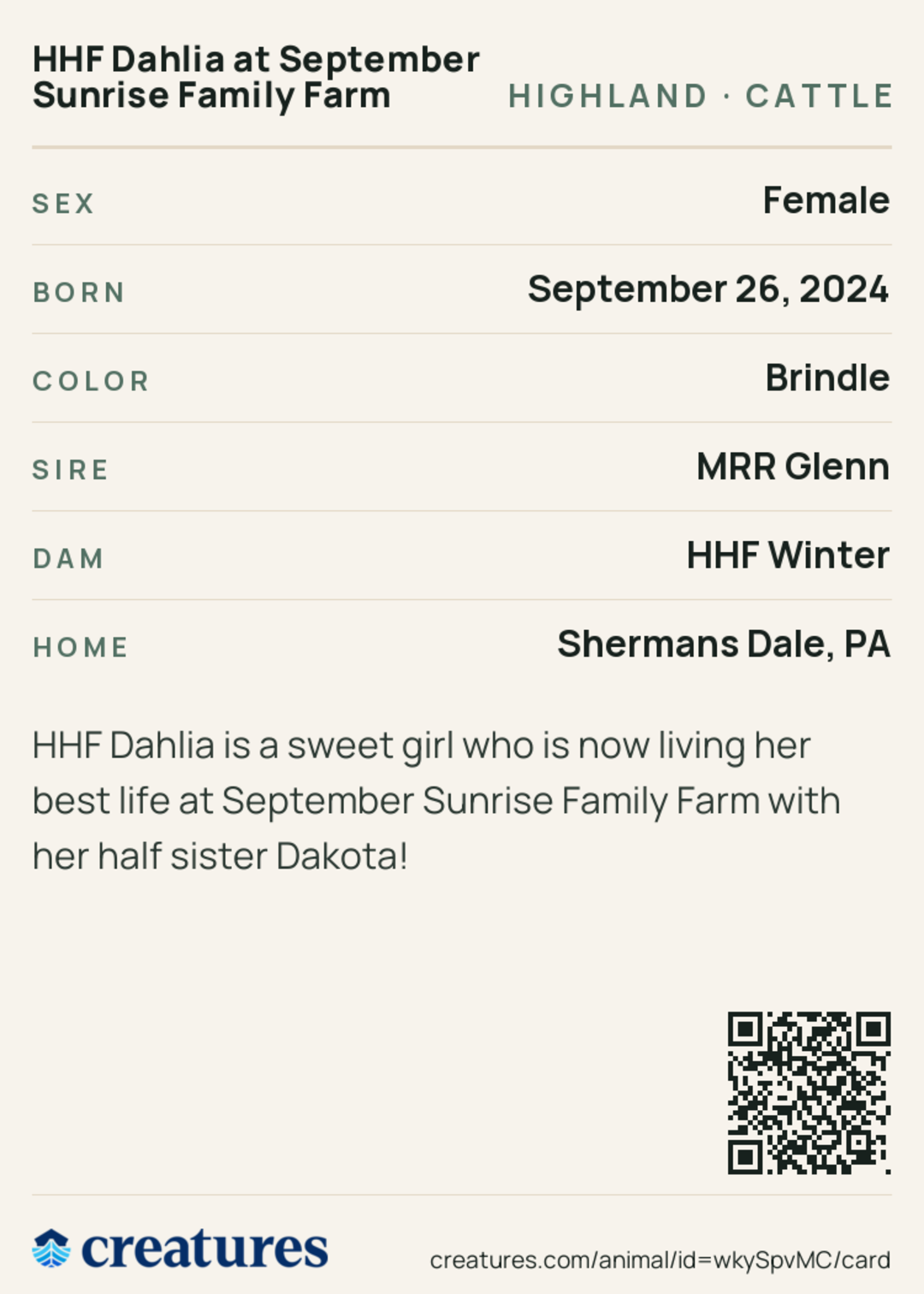 HHF Dahlia at September Sunrise Family Farm Creature Card back