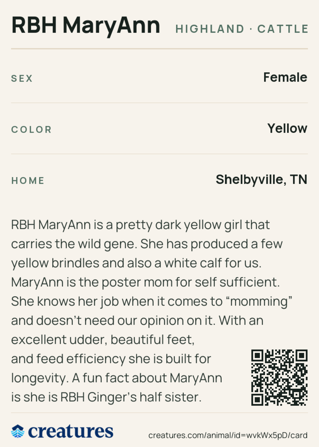 RBH MaryAnn Creature Card back