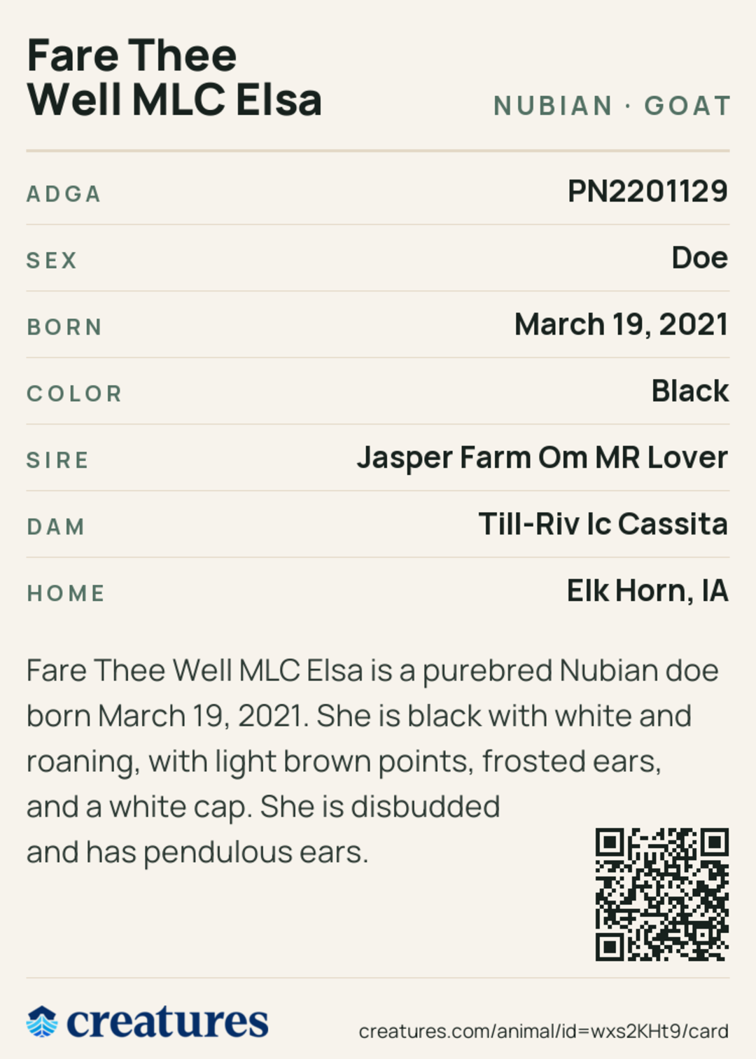 Fare Thee Well MLC Elsa Creature Card back