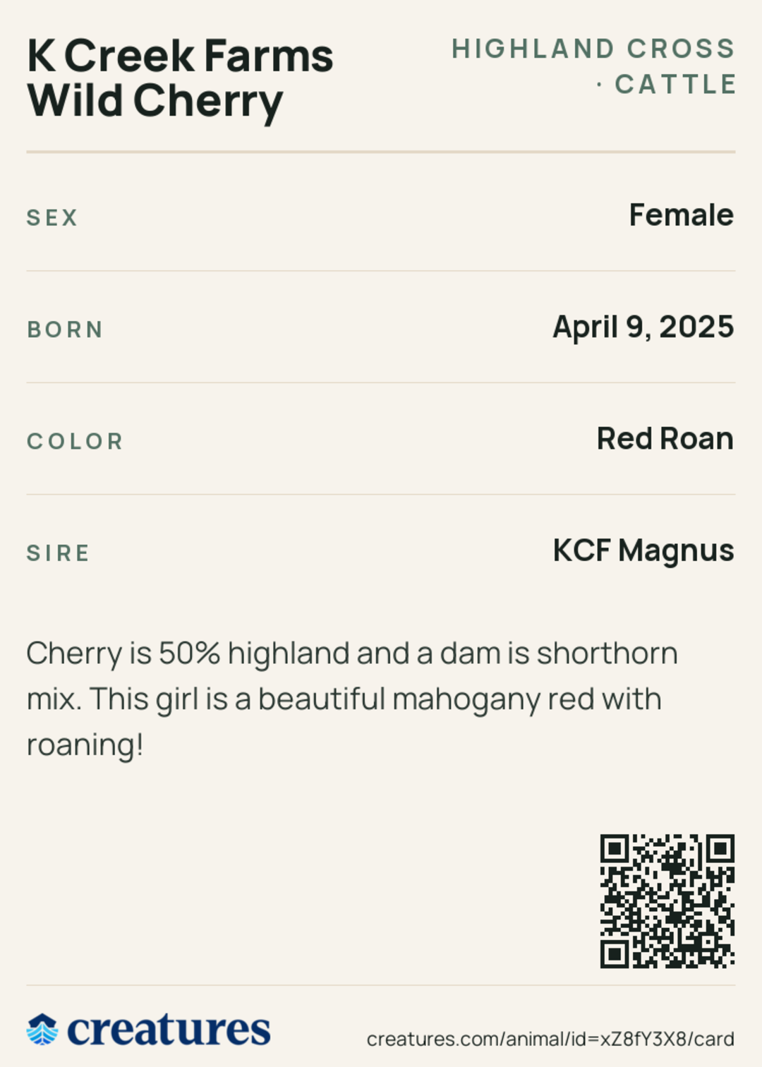 K Creek Farms Wild Cherry Creature Card back