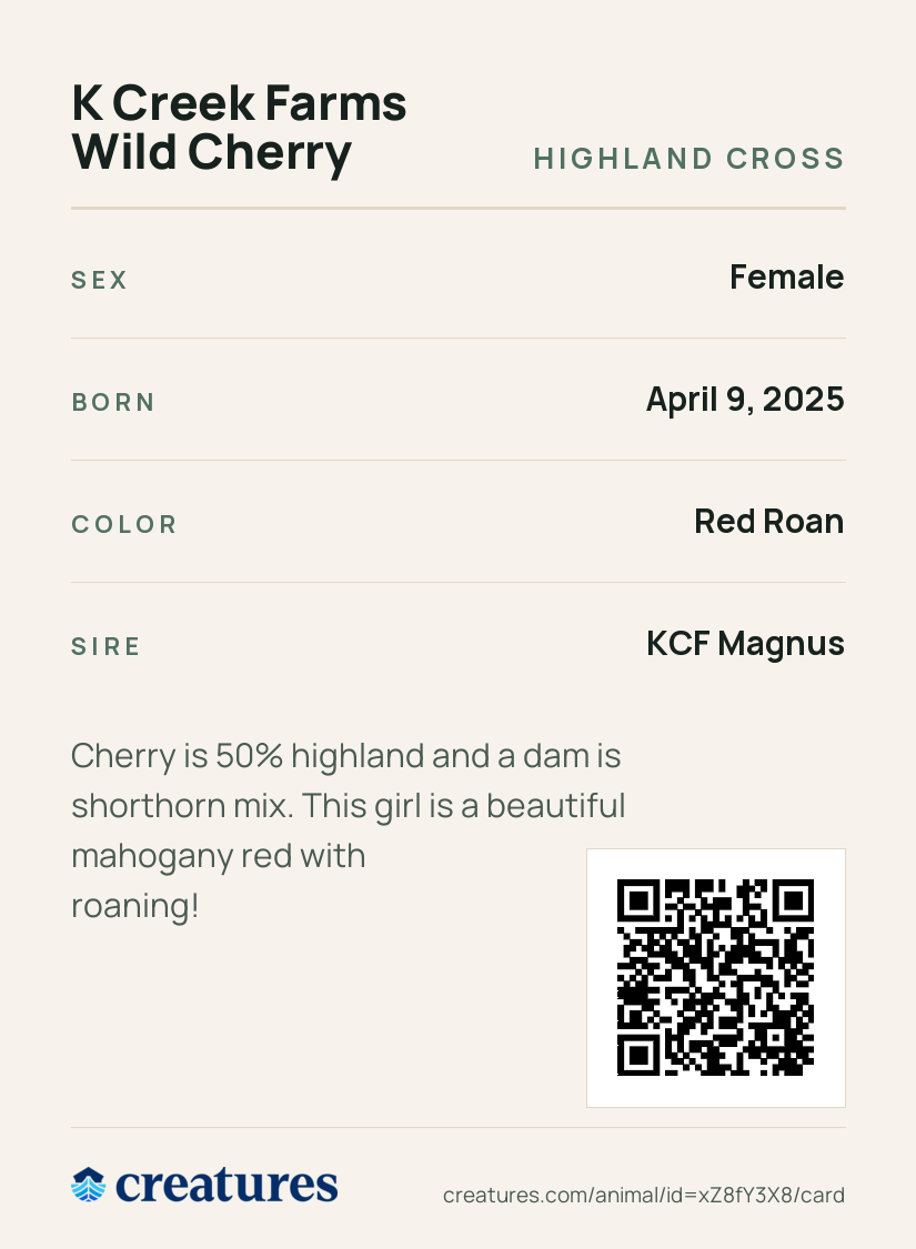 K Creek Farms Wild Cherry Creature Card back