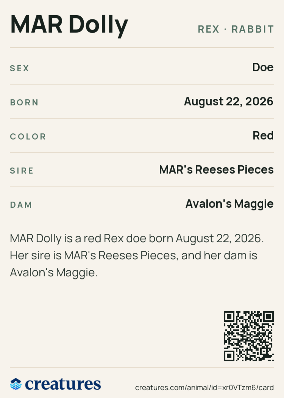 MAR Dolly Creature Card back