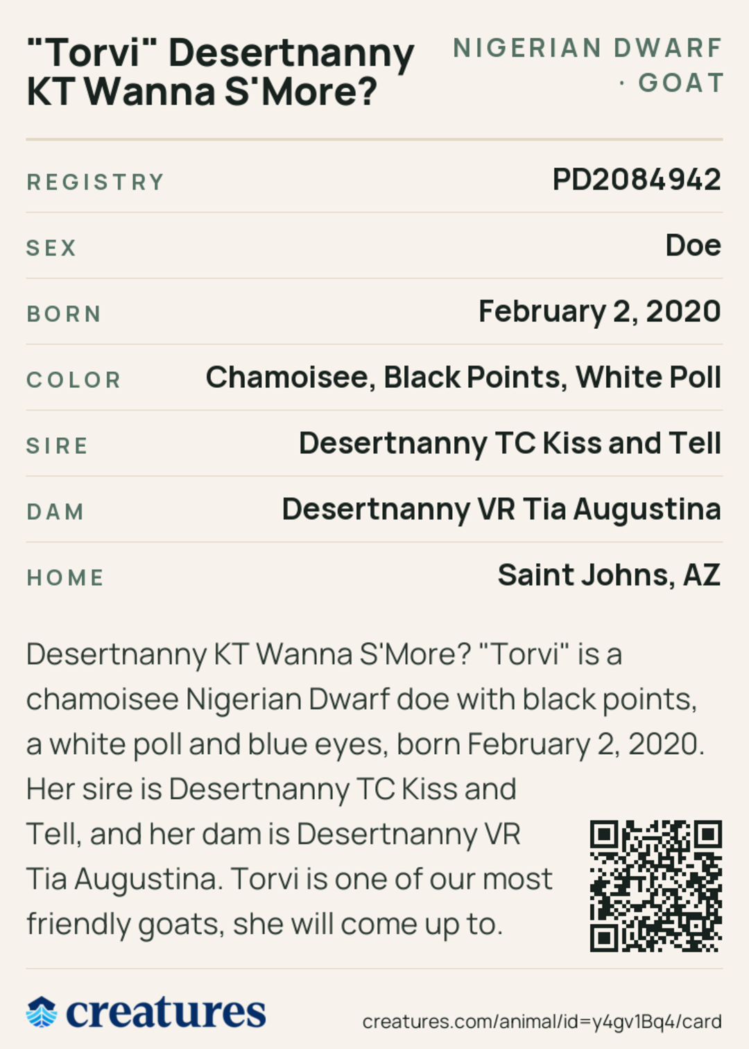 "Torvi" Desertnanny KT Wanna S'More? Creature Card back