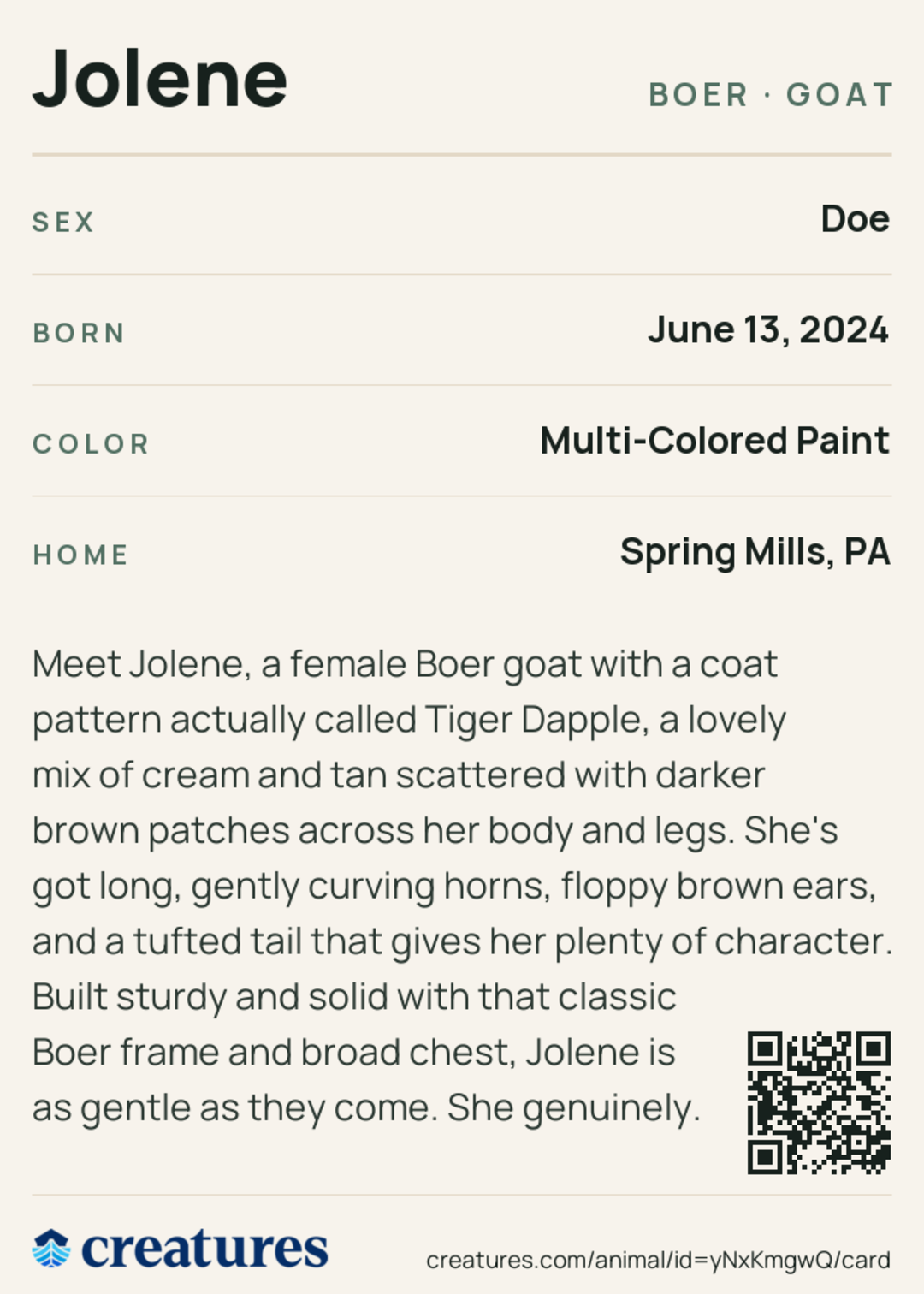Jolene Creature Card back