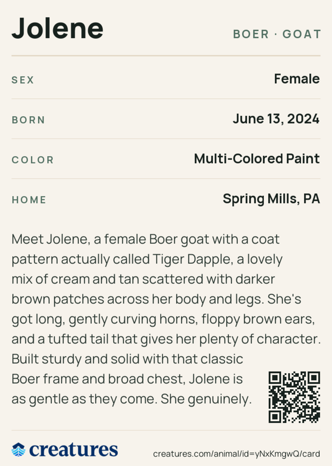 Jolene Creature Card back