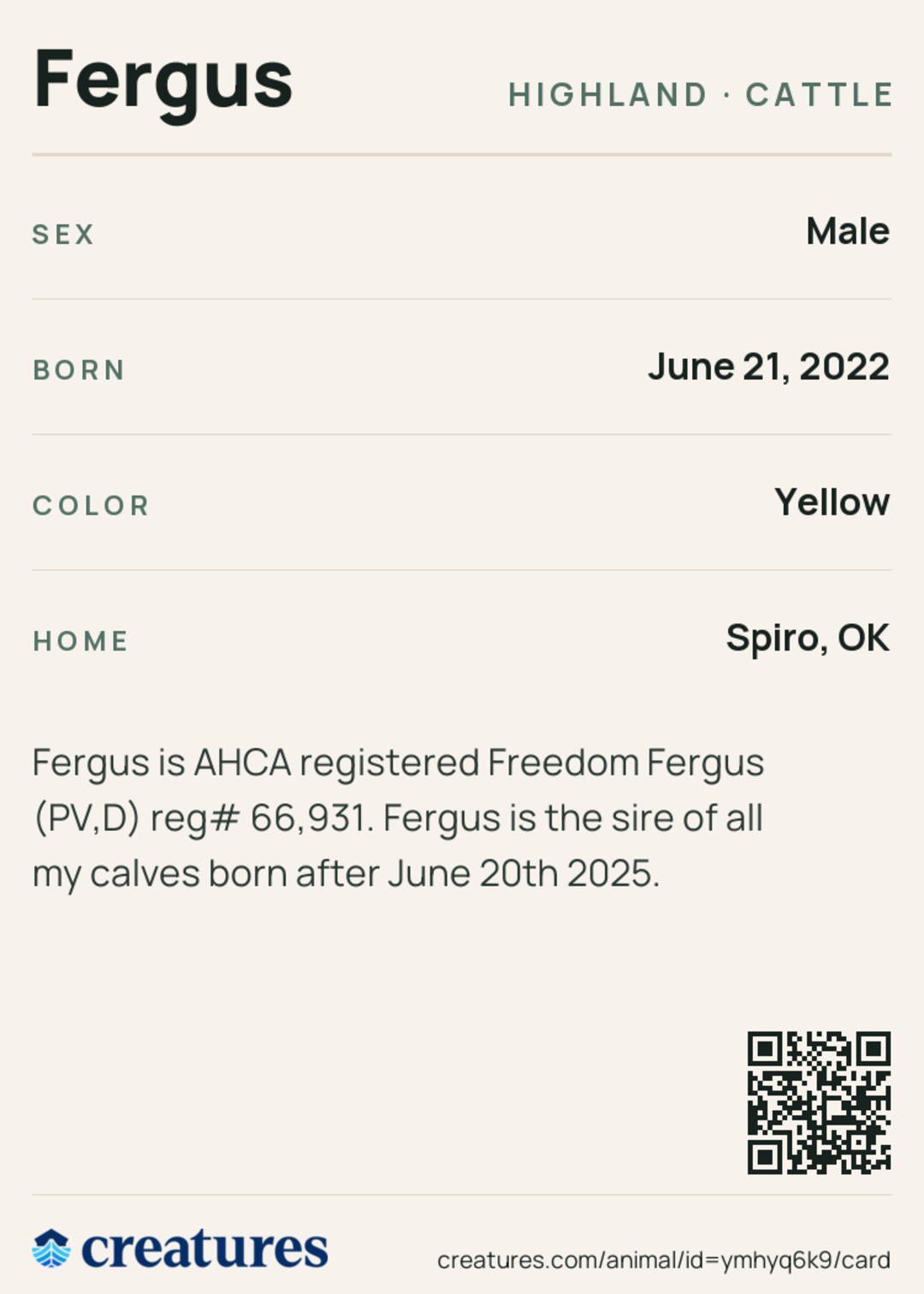 Fergus Creature Card back
