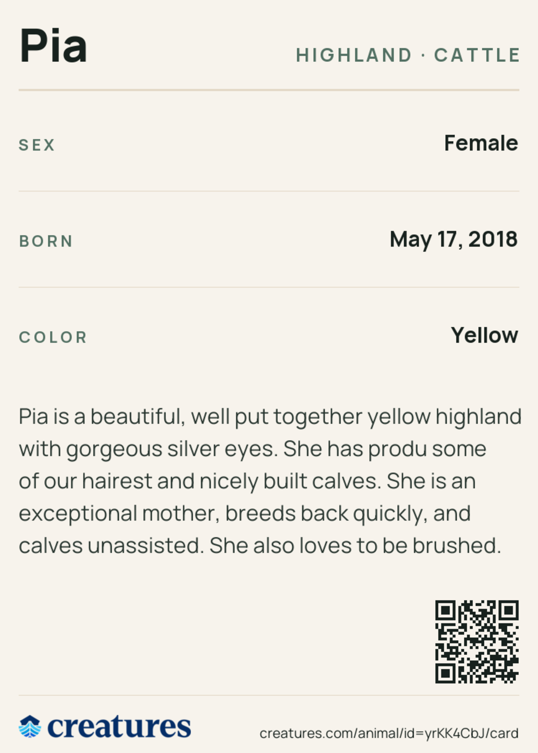 Pia Creature Card back