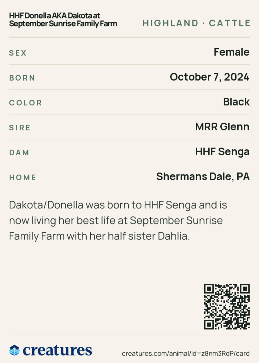 HHF Donella AKA Dakota at September Sunrise Family Farm Creature Card back