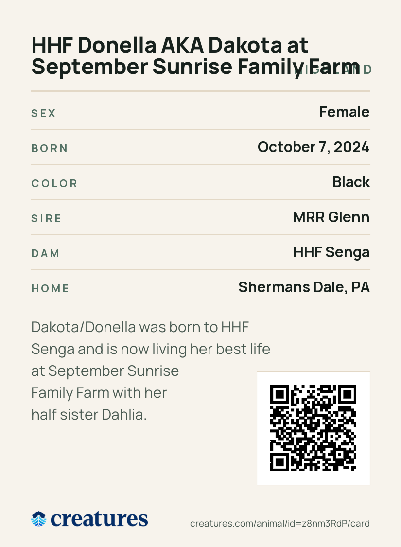 HHF Donella AKA Dakota at September Sunrise Family Farm Creature Card back
