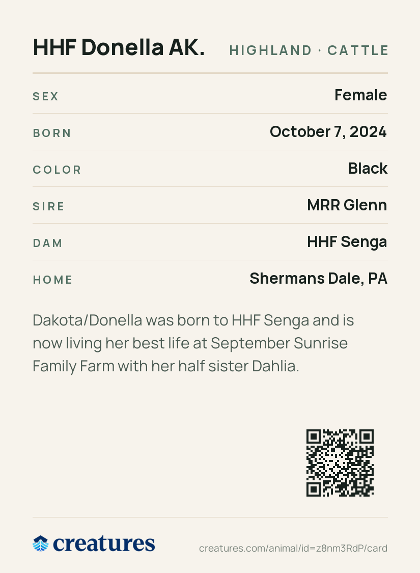 HHF Donella AKA Dakota at September Sunrise Family Farm Creature Card back
