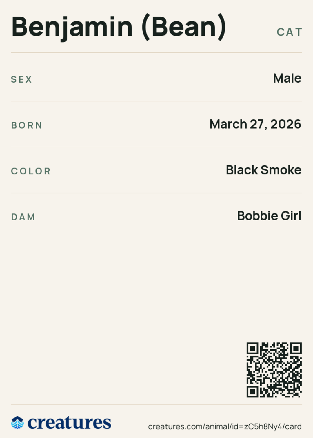 Benjamin (Bean) Creature Card back