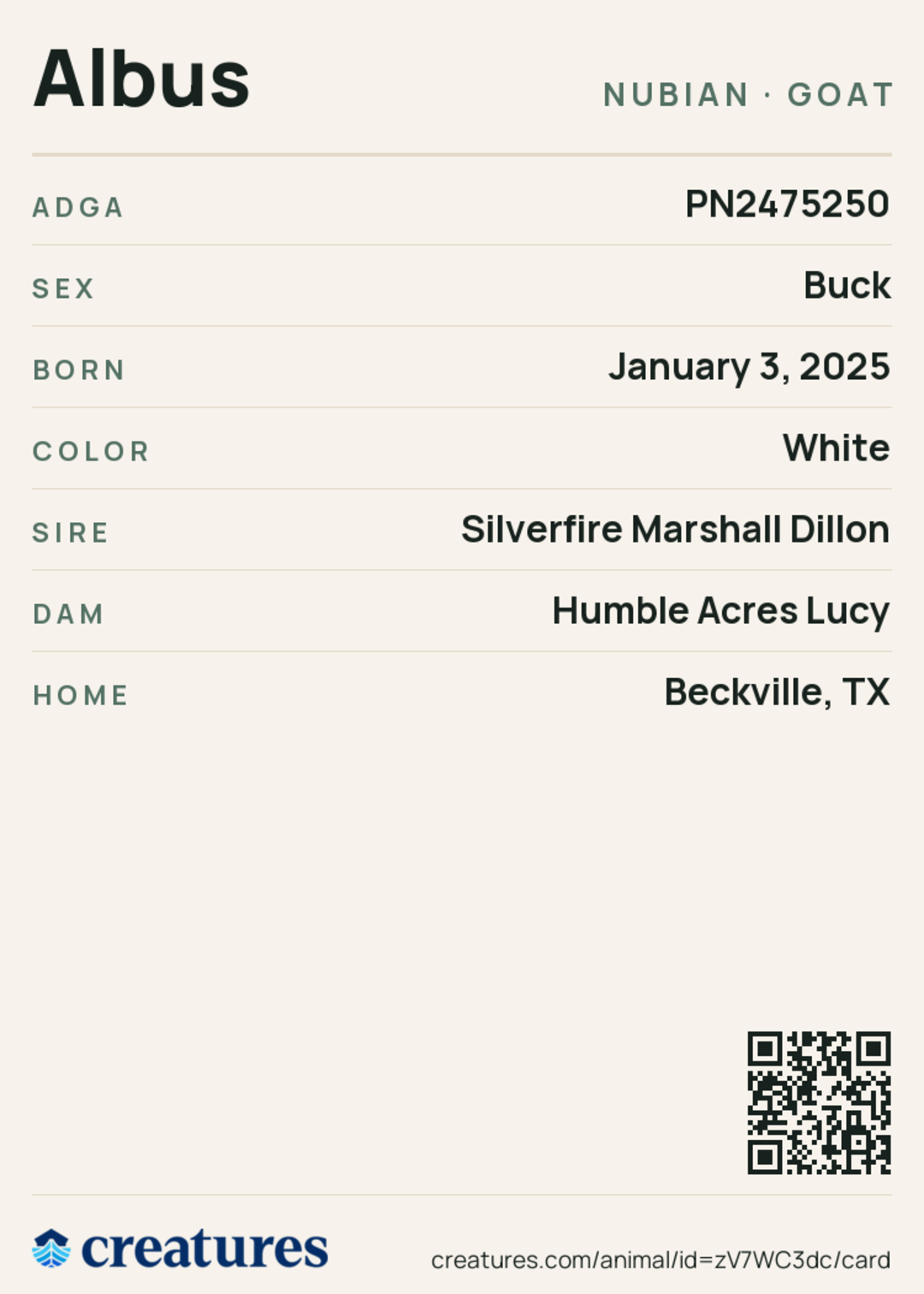 Albus Creature Card back